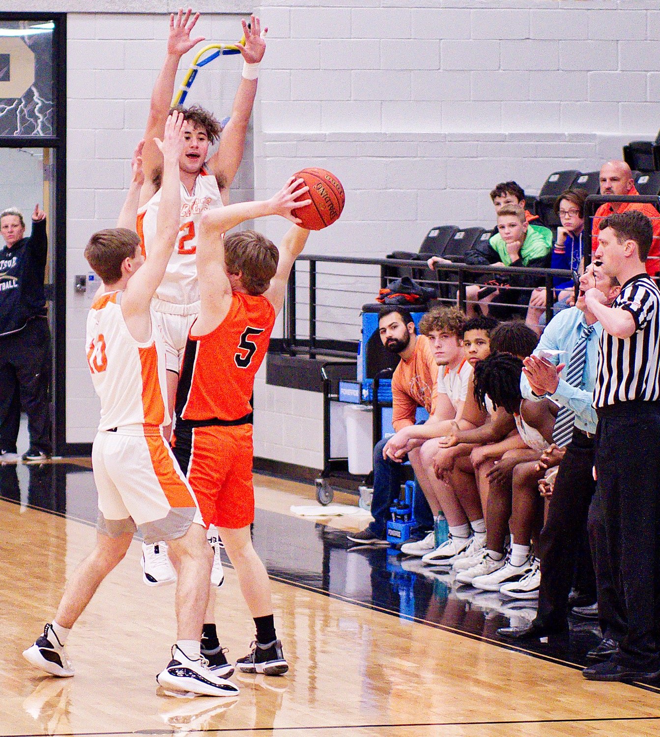 Hunter Vandover and T.J. Moreland trap the DeKalb ball handler in the halfcourt. [more hoops highlights here]